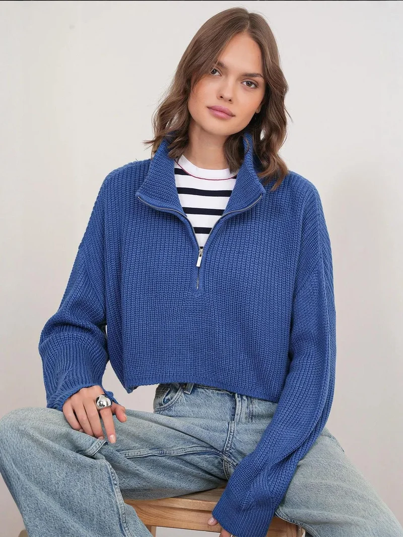 MixRay Mixray Textured Long Sleeve Zipped Collar Sweater