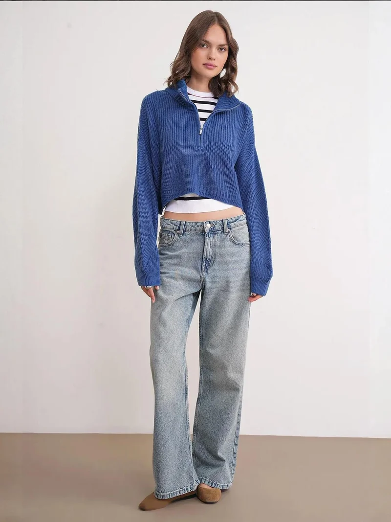 Mixray Moroccan Blue Mixray Textured Long Sleeve Zipped Collar Sweater for Women | Best Price UAE