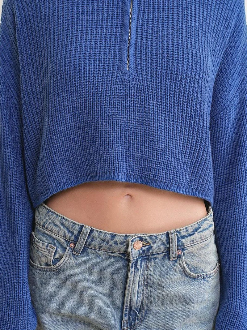 Mixray Moroccan Blue Mixray Textured Long Sleeve Zipped Collar Sweater for Women | Best Price UAE