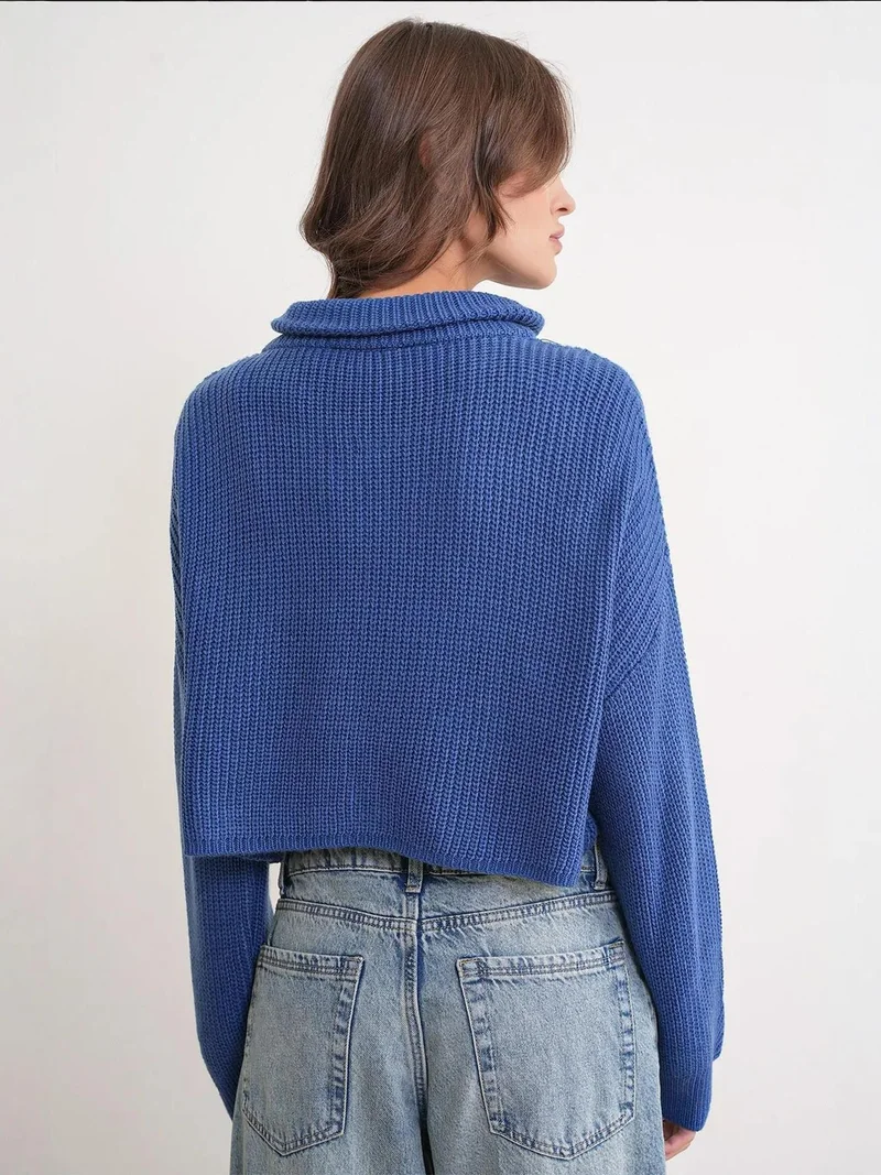 Mixray Moroccan Blue Mixray Textured Long Sleeve Zipped Collar Sweater for Women | Best Price UAE