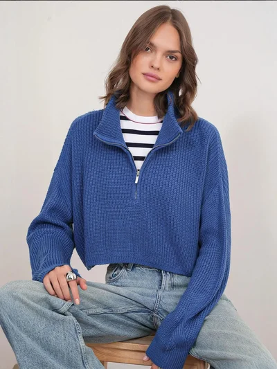 MixRay Mixray Textured Long Sleeve Zipped Collar Sweater