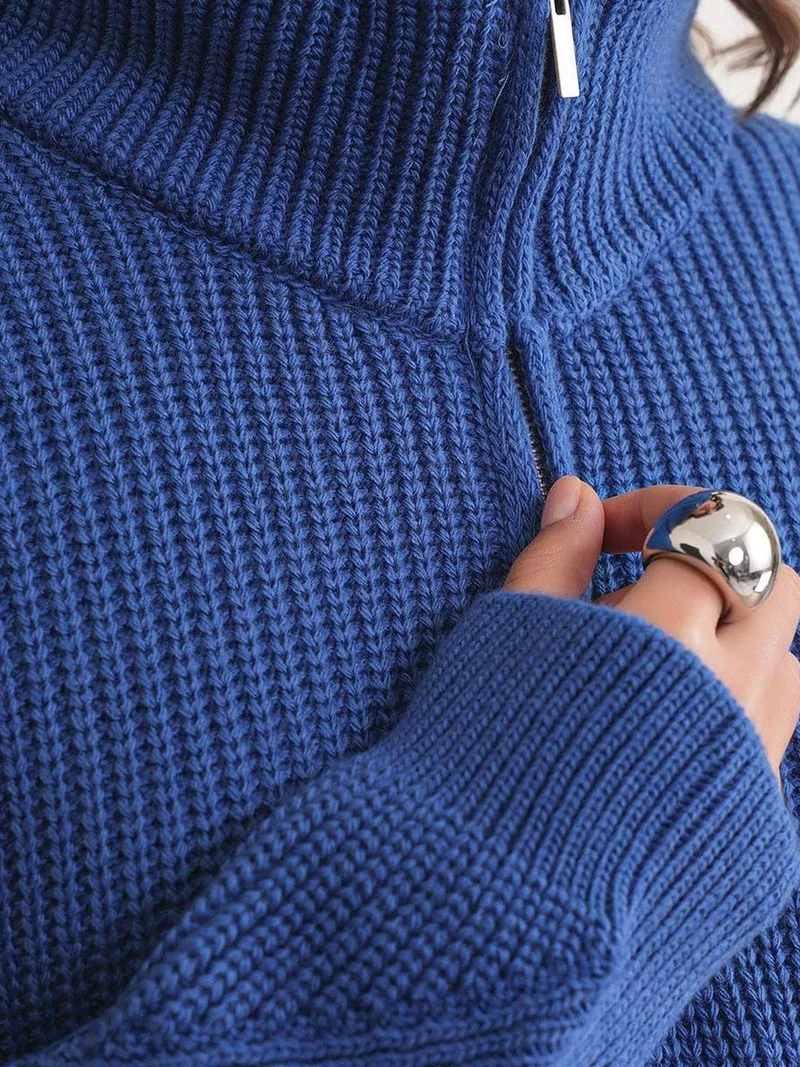Mixray Moroccan Blue Mixray Textured Long Sleeve Zipped Collar Sweater for Women | Best Price UAE