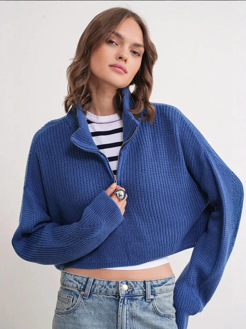 Mixray Moroccan Blue Mixray Textured Long Sleeve Zipped Collar Sweater for Women | Best Price UAE