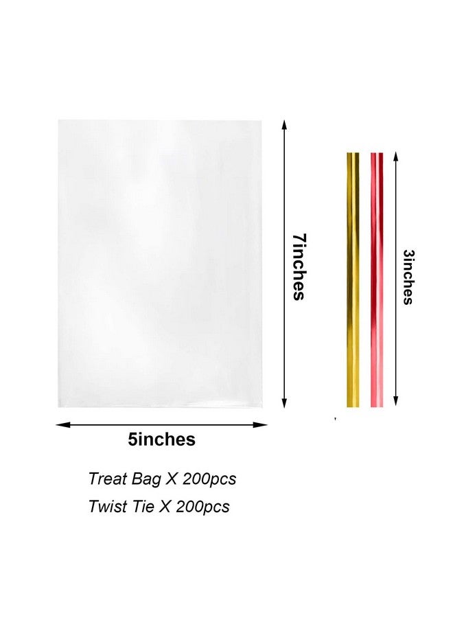موريباك أكياس علاج السيلوفان من تشيلو مقاس 5 × 7 بوصات أكياس سيلوفان شفافة 200 قطعة من أكياس المكافآت البلاستيكية مع 200 ربطة عنق ملتوية لتغليف الهدايا وتغليف الحلوى والحلوى والمخبوزات والشوكولاتة المفضلة للحفلات - Image 2