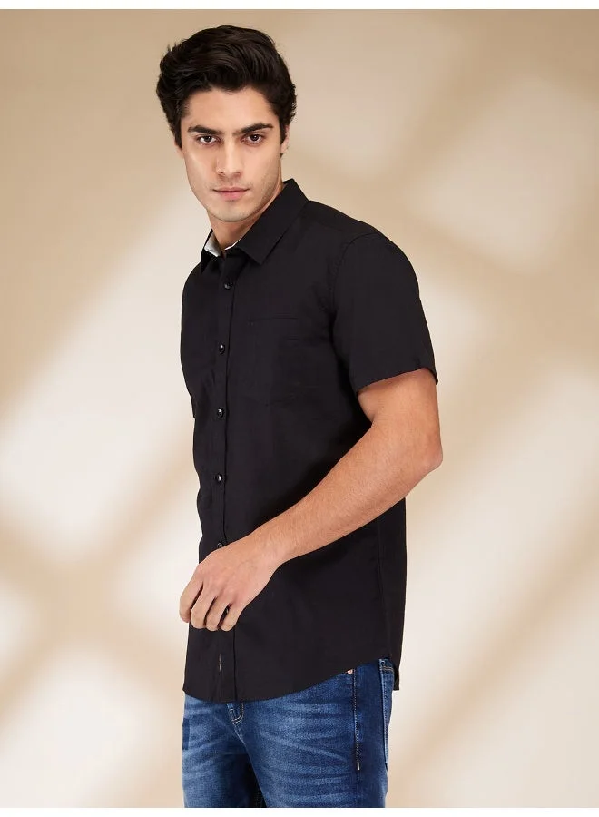 بيينغ هيومان Mens Black Collared Short Sleeve Shirt