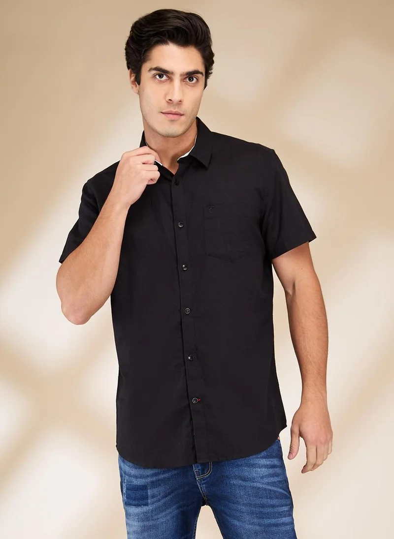بيينغ هيومان Men Classic Spread Collar Solid Cotton Linen Casual Shirt