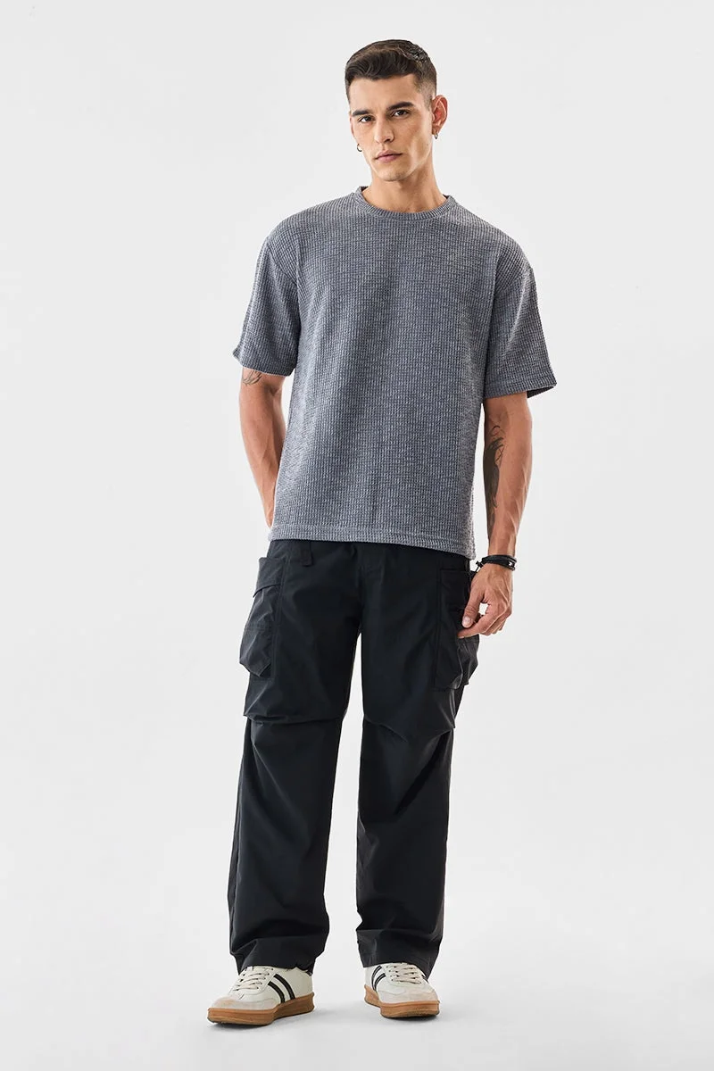 سنيتش Grey Textured Half Sleeve Oversized T-Shirt