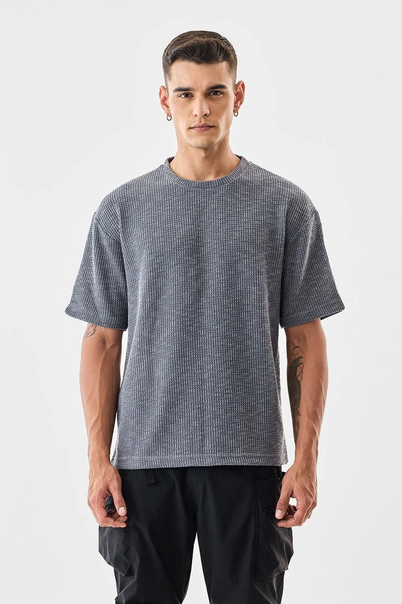 سنيتش Grey Textured Half Sleeve Oversized T-Shirt