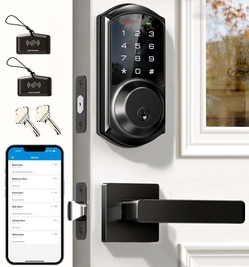 Veise VE06-L Smart Locks with 2 Lever Handle Set, App Control, Keyless Entry Deadbolt for Front Door, Electronic Digital Touchscreen Keypad, Auto Lock, Waterproof, Easy Installation, Matte Black - Image 1