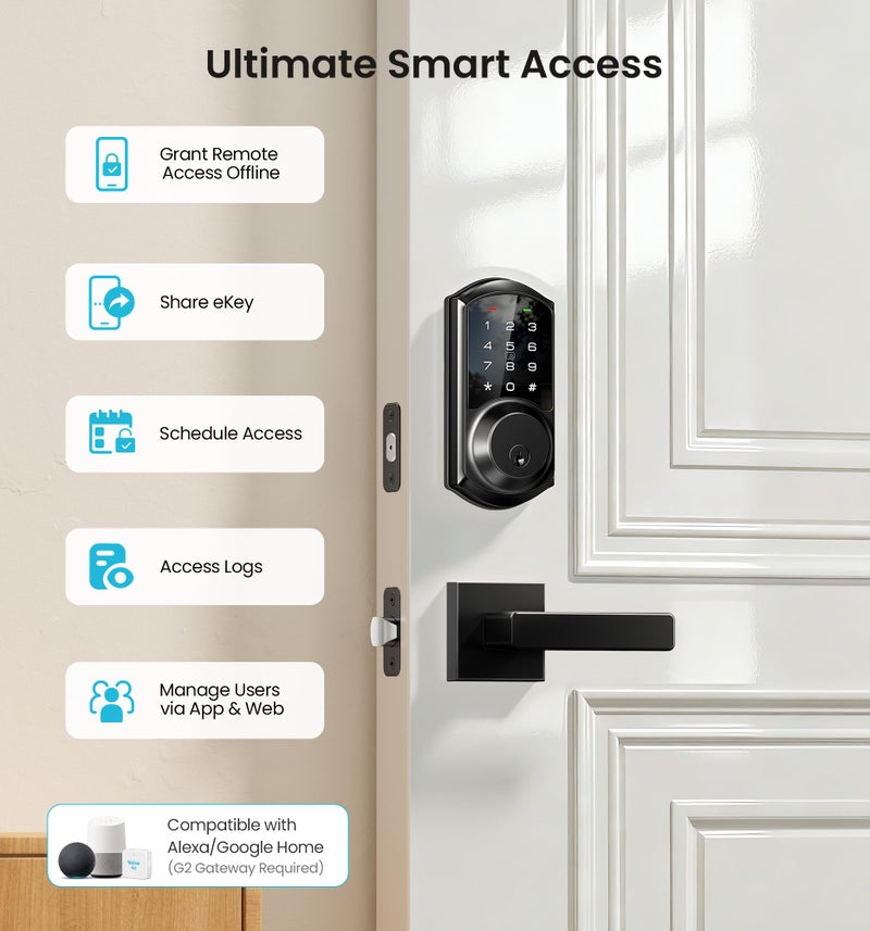 Veise VE06-L Smart Locks with 2 Lever Handle Set, App Control, Keyless Entry Deadbolt for Front Door, Electronic Digital Touchscreen Keypad, Auto Lock, Waterproof, Easy Installation, Matte Black - Image 4