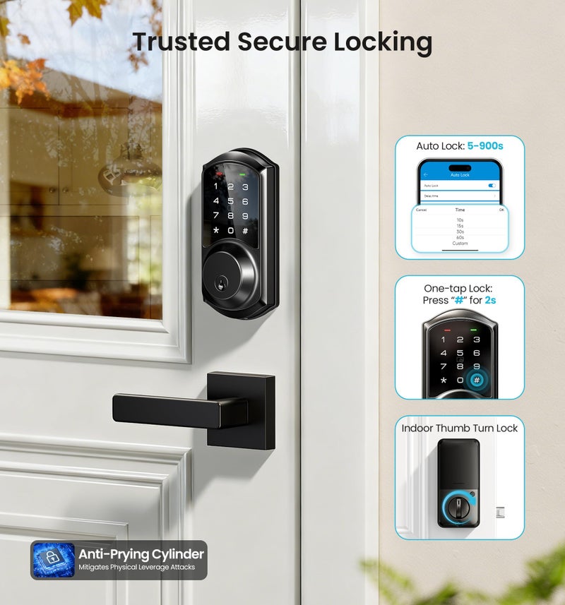 Veise VE06-L Smart Locks with 2 Lever Handle Set, App Control, Keyless Entry Deadbolt for Front Door, Electronic Digital Touchscreen Keypad, Auto Lock, Waterproof, Easy Installation, Matte Black - Image 3