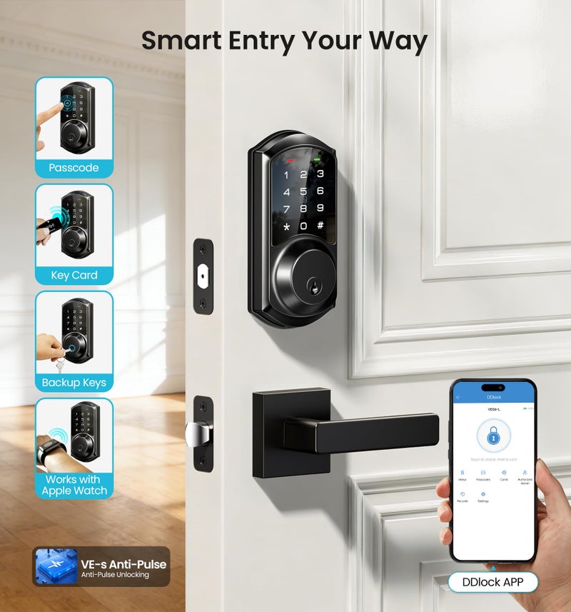 Veise VE06-L Smart Locks with 2 Lever Handle Set, App Control, Keyless Entry Deadbolt for Front Door, Electronic Digital Touchscreen Keypad, Auto Lock, Waterproof, Easy Installation, Matte Black - Image 2