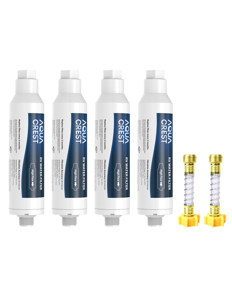 AquaCrest فلتر مياه RV من AQUA CREST، فلتر مياه متصل RV مع شهادة NSF، يقلل من الكلور، والطعم السيئ والرائحة، مثالي للحديقة والمخيم (عبوة فلتر 4 مع واقي خرطوم) - Image 1