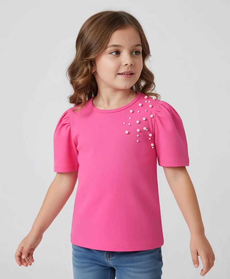 Pine Kids Pine Kids Cotton Lycra Knit Half Sleeves Top with Pearl Detailing - Pink