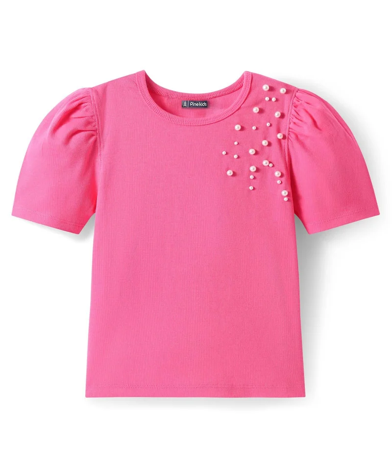 Pine Kids Pine Kids Cotton Lycra Knit Half Sleeves Top with Pearl Detailing - Pink