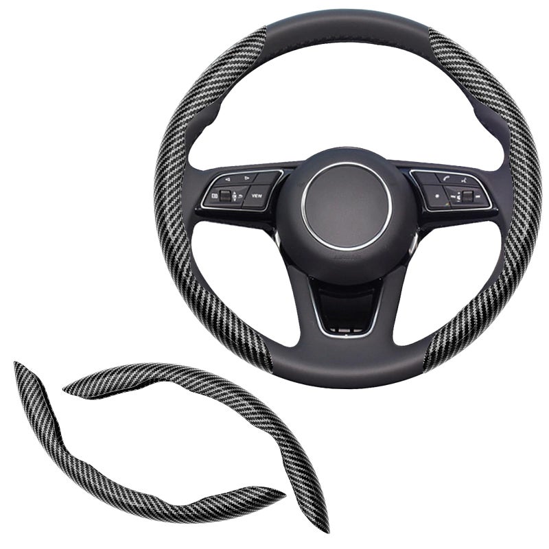 Lunwag 2pcs Universal Fit Carbon Fiber Steering Wheel Cover, Anti-Skid Steering Wheel Cover/Segmented Steering Wheel Protector/Car Interior Accessories (Bright Black) - Image 1
