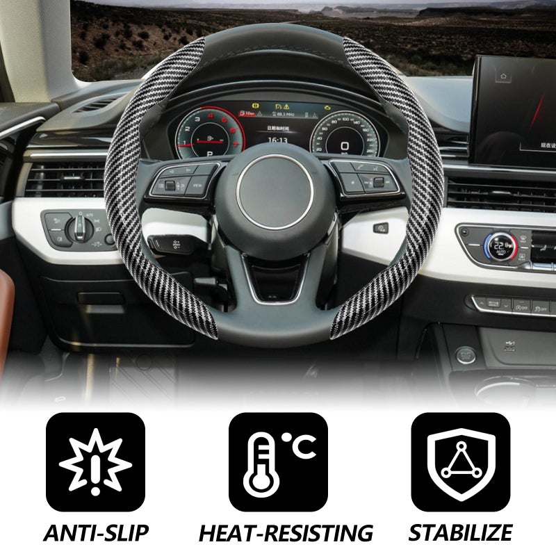 Lunwag 2pcs Universal Fit Carbon Fiber Steering Wheel Cover, Anti-Skid Steering Wheel Cover/Segmented Steering Wheel Protector/Car Interior Accessories (Bright Black) - Image 4