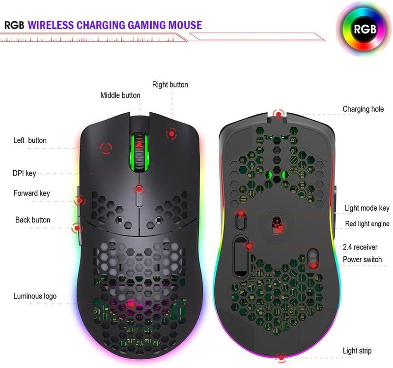 Kueh Wireless Gaming Mouse, Lightweight Honeycomb Shell with Backlight, 6 Buttons 4 Speed Adjustable DPI Computer Mouse Rechargeable RGB Gaming for PC/Mac/Laptop Laptop PC, Ergonomic Shape - Image 5