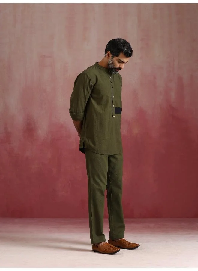 trueBrowns Men's Olive green Cotton Mandarin Collar Kurta Co-ord set