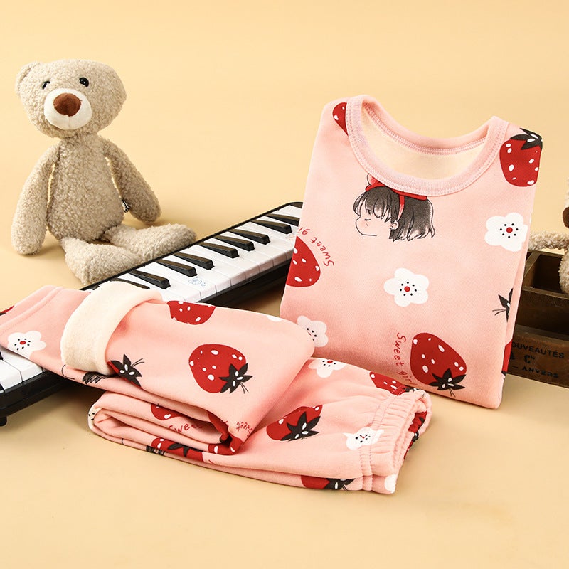 Kids Warm Velvet Cotton Underwear Set Pink strawberry (fleece-lined) 