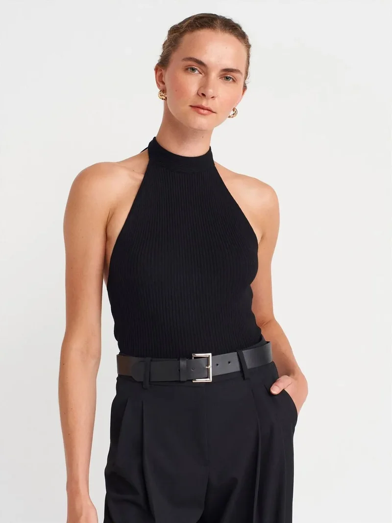 ديلفين DILVIN Ribbed Halterneck Slim-fit Blouse