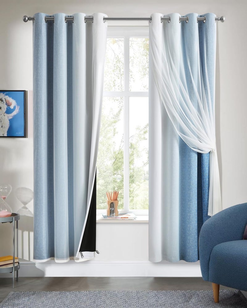 Geomoroccan 100% Blackout Curtains with Sheer Overlay Mix and Match Double Layer Drapes 72 Inch Length 2 Panels for Boys Bedroom Living Room Blue White Ombre Grommet Window Treatment with Tiebacks - Image 1
