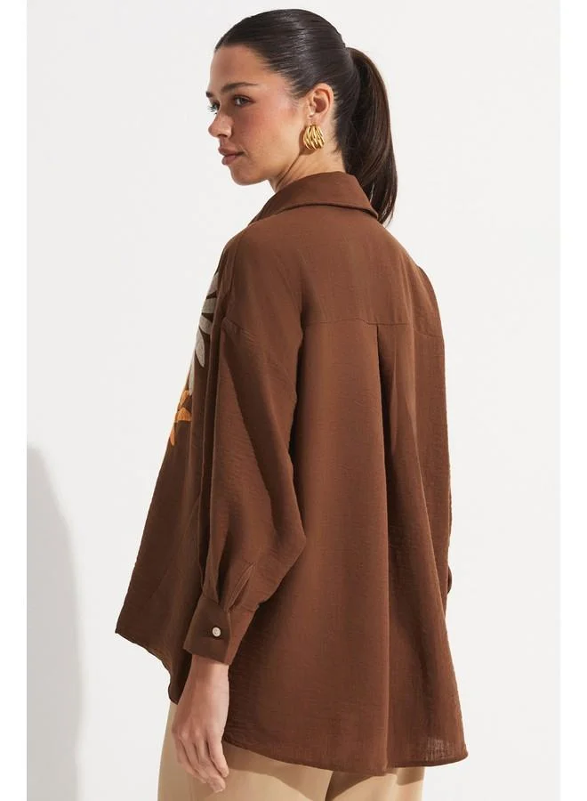 جون June Loose Fit Embroidery Detailed Shirt Brown