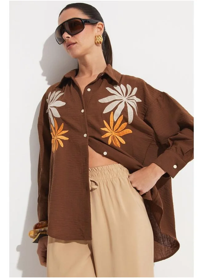 جون June Loose Fit Embroidery Detailed Shirt Brown