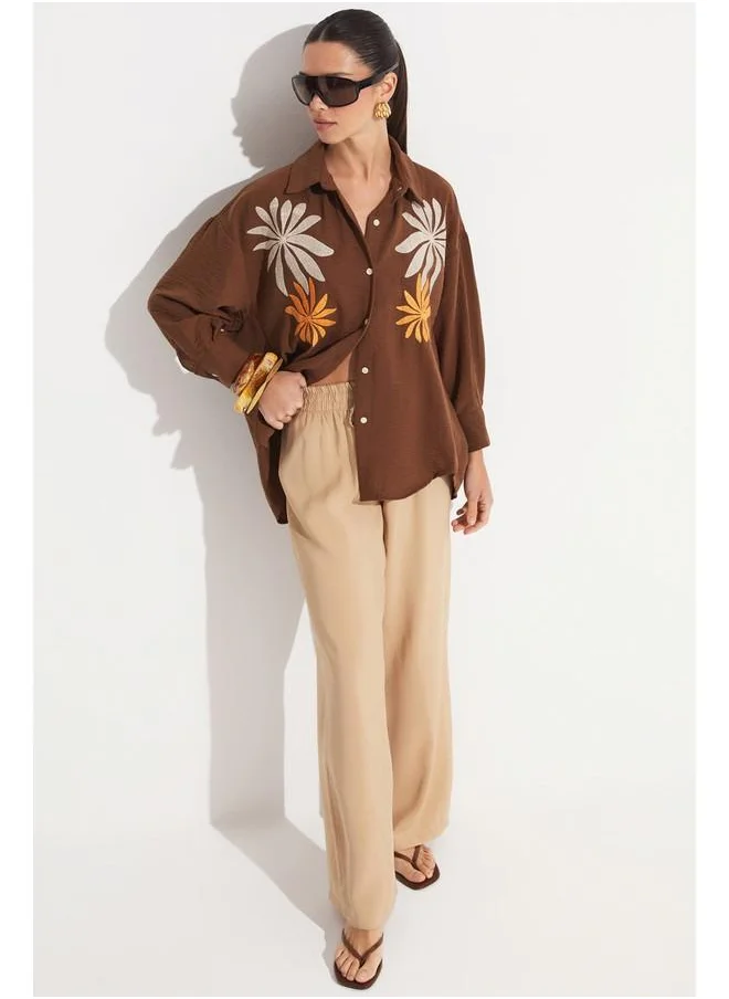 جون June Loose Fit Embroidery Detailed Shirt Brown