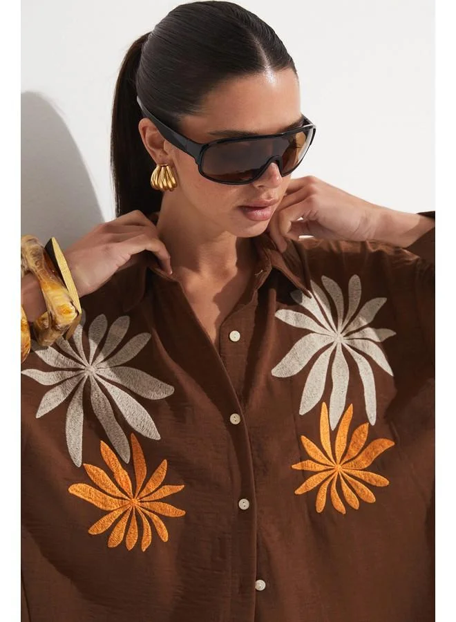 جون June Loose Fit Embroidery Detailed Shirt Brown