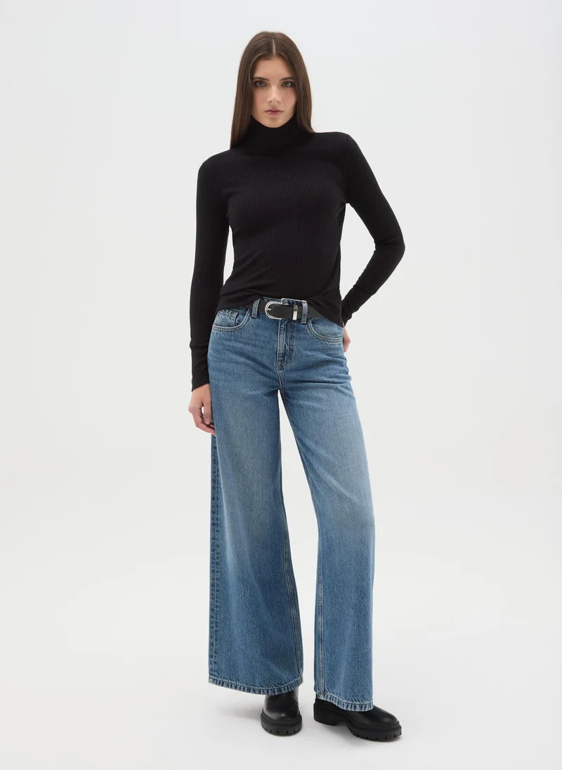 او في اس OVS Black Striped Crew Neck Long Sleeve Regular Fit Top