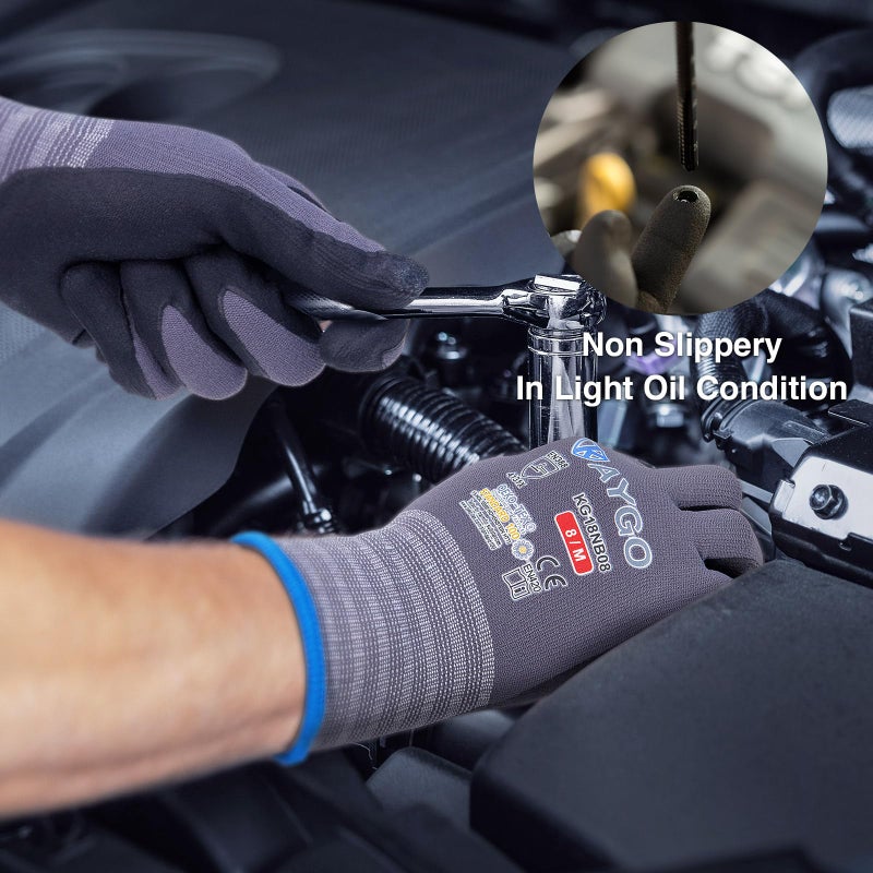 KAYGO Safety Work Gloves MicroFoam Nitrile Coated, 3 Pairs KG18NB,Seamless Knit Nylon Glove for Men and Women, Ideal for Automotive,Warehouse,Construction (Large,Gray) - Image 3