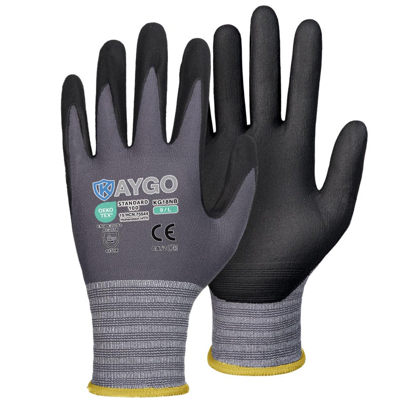 KAYGO Safety Work Gloves MicroFoam Nitrile Coated, 3 Pairs KG18NB,Seamless Knit Nylon Glove for Men and Women, Ideal for Automotive,Warehouse,Construction (Large,Gray) - Image 1