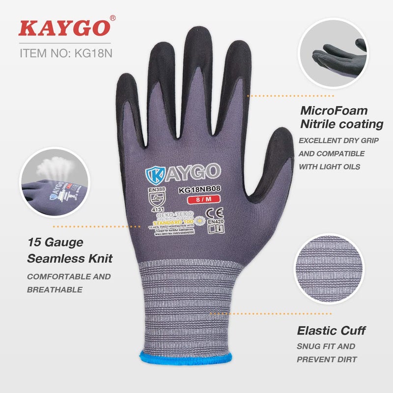 KAYGO Safety Work Gloves MicroFoam Nitrile Coated, 3 Pairs KG18NB,Seamless Knit Nylon Glove for Men and Women, Ideal for Automotive,Warehouse,Construction (Large,Gray) - Image 2