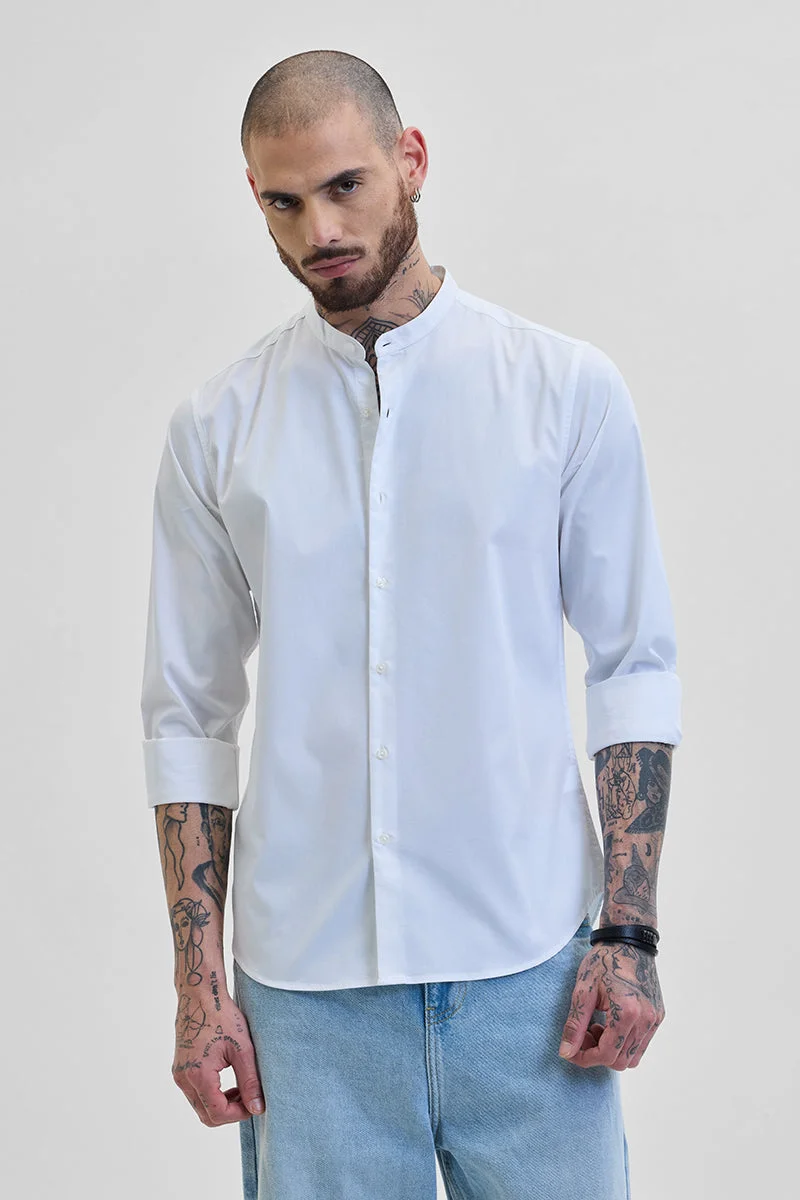 سنيتش White Solid Long Sleeve Slim Fit Casual Shirt