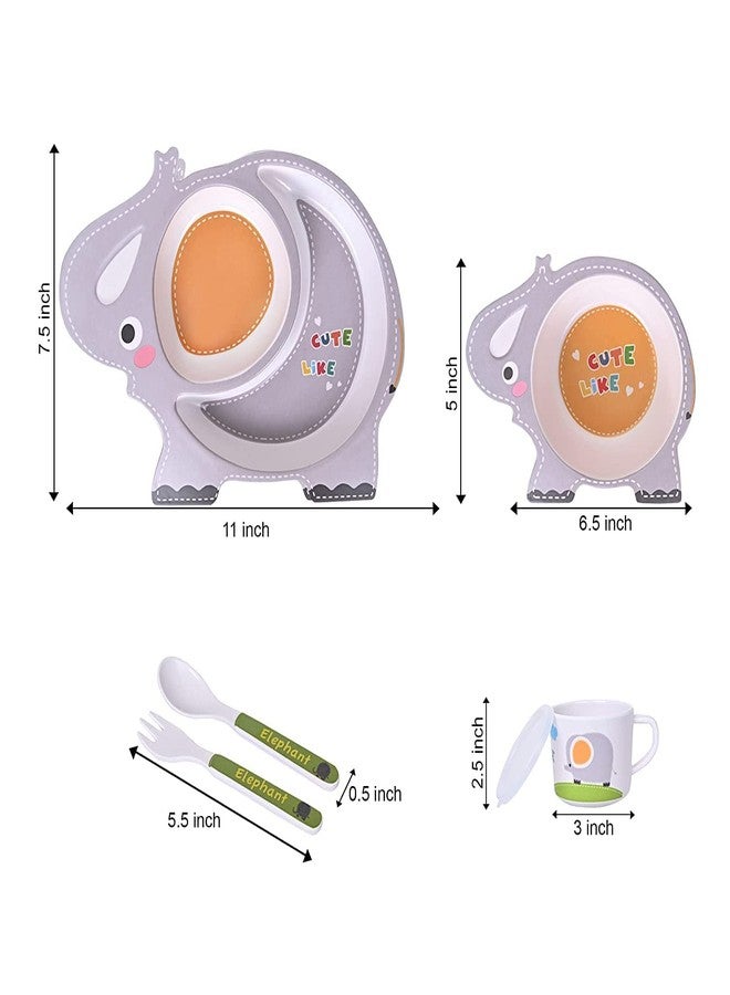 Glowick Bamboo Fiber Baby Dinner Set Cute Design Kids Dishes 5 pcs Tableware for Kids and Toddlers Teaches Child Dinner Set Divided Mess Trays for Kids Lunch/Dinner (Elephant) - Image 5