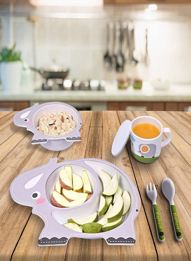 Glowick Bamboo Fiber Baby Dinner Set Cute Design Kids Dishes 5 pcs Tableware for Kids and Toddlers Teaches Child Dinner Set Divided Mess Trays for Kids Lunch/Dinner (Elephant) - Image 2