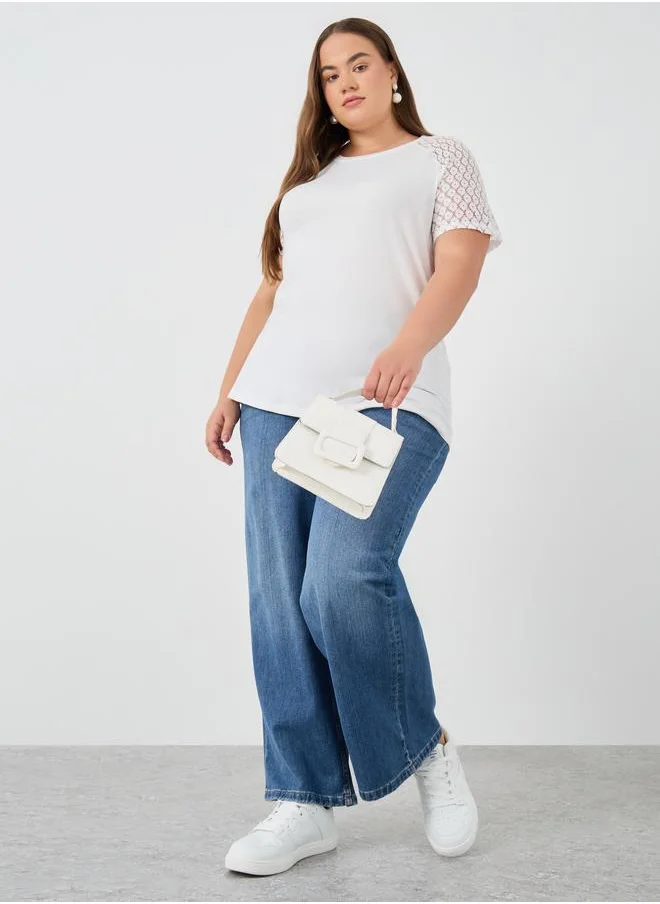 ستايلي Styli Plus Size Solid Lace Short Sleeve Longline T-Shirt
