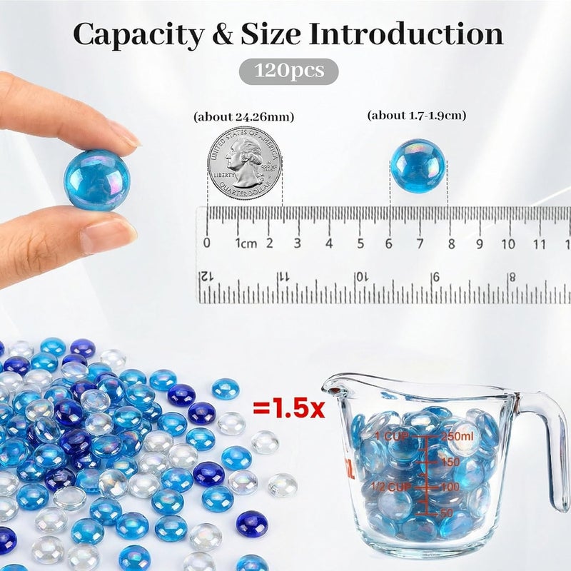 VGOODALL Iridescent Glass Pebbles, 120 Approx.0.62 KG Flat Stones Blue Mixed Sparkling Glass Beads for Aquarium Marbles Decorative Nuggets Vase Filler Table Scatter Gems - Image 2