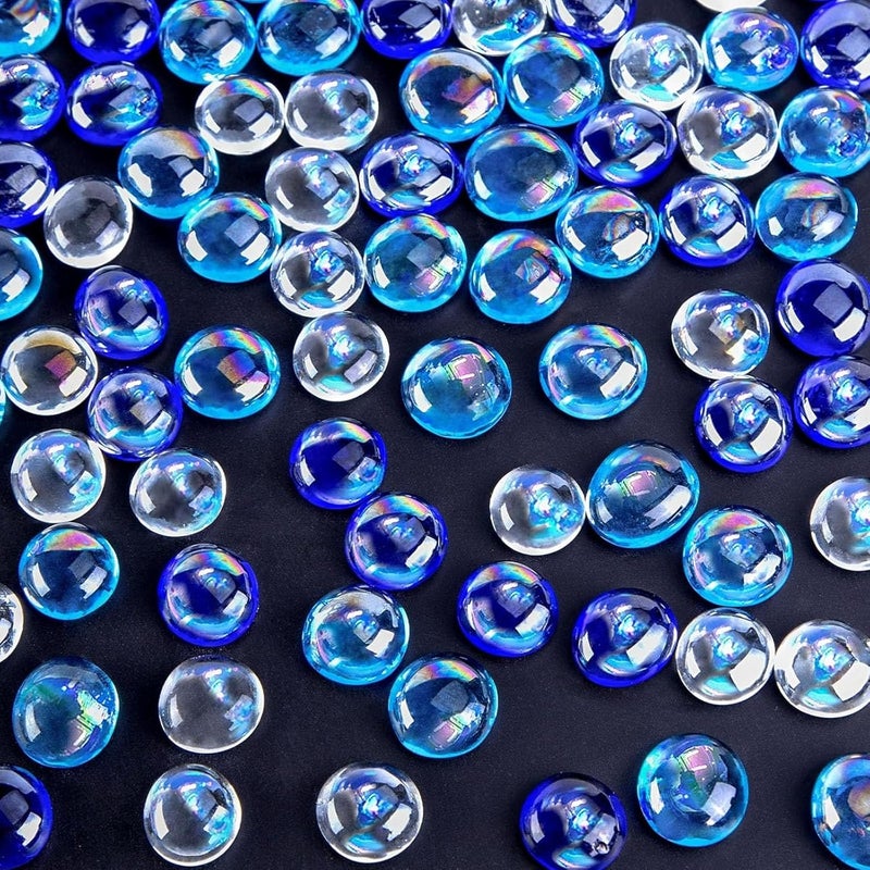 VGOODALL Iridescent Glass Pebbles, 120 Approx.0.62 KG Flat Stones Blue Mixed Sparkling Glass Beads for Aquarium Marbles Decorative Nuggets Vase Filler Table Scatter Gems - Image 1
