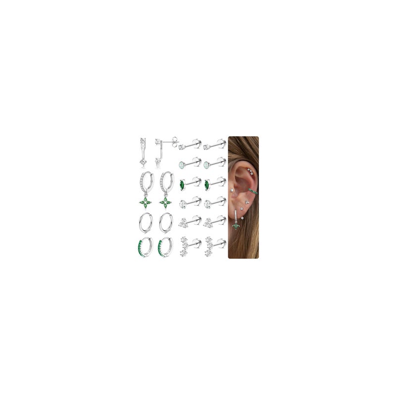 MILACOLATO Hypoallergenic Flat Back Earrings Silver Cartilage Earring Sets for Multiple Piercing 20G Surgical Stainless Steel Earrings for Women Trendy Earring Stacks Small Hoop Flatback Stud Earrings SG - Image 1