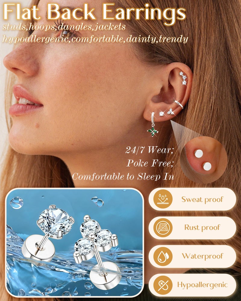 MILACOLATO Hypoallergenic Flat Back Earrings Silver Cartilage Earring Sets for Multiple Piercing 20G Surgical Stainless Steel Earrings for Women Trendy Earring Stacks Small Hoop Flatback Stud Earrings SG - Image 2