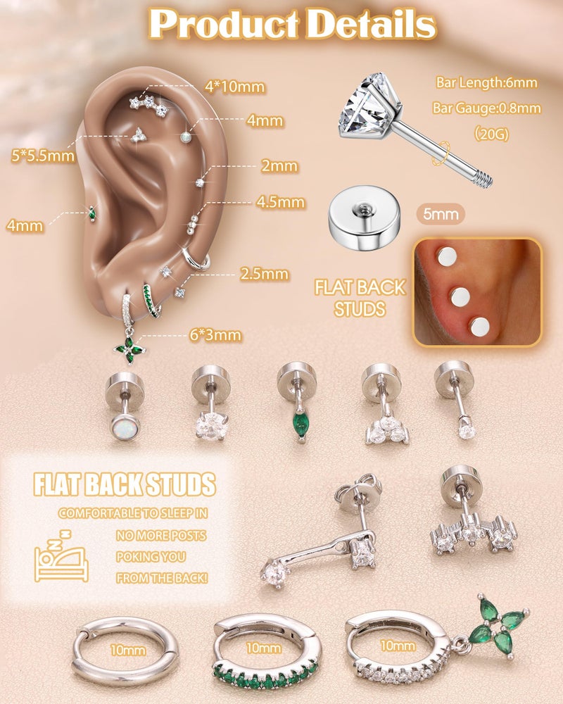 MILACOLATO Hypoallergenic Flat Back Earrings Silver Cartilage Earring Sets for Multiple Piercing 20G Surgical Stainless Steel Earrings for Women Trendy Earring Stacks Small Hoop Flatback Stud Earrings SG - Image 5