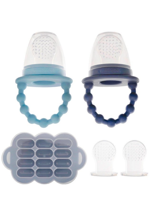 WeeSprout Silicone Baby Food Feeders + Freezer Tray For Batch Prep Set Of 2 Introduce New Foods Safely Double As Silicone Teething Toys Includes 2 Extra Food Pouches & Travel Lids Dishwasher Safe  - Image 1