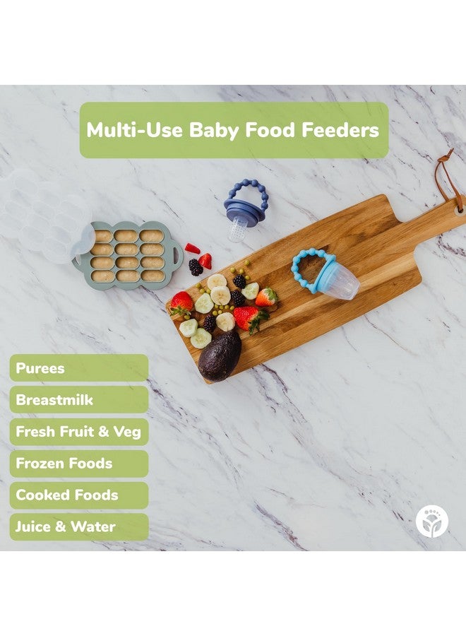 WeeSprout Silicone Baby Food Feeders + Freezer Tray For Batch Prep Set Of 2 Introduce New Foods Safely Double As Silicone Teething Toys Includes 2 Extra Food Pouches & Travel Lids Dishwasher Safe  - Image 4