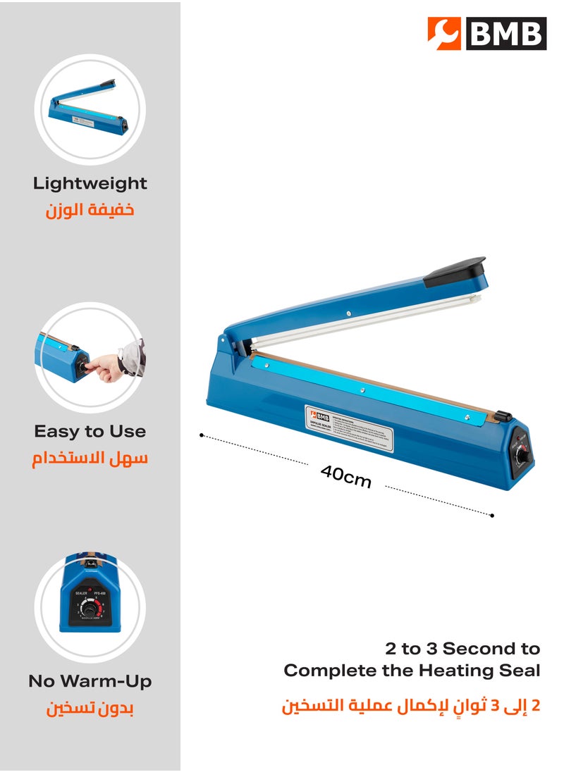 BMB tools - Electric Impulse Sealer Machine with BS Plug - 400mm, 400W - Manual Bags Sealing Machine with 8 Adjustable Temperature Levels for Quick Heating - Ideal for Plastic PP, PE Bags, Pouches, Food Packaging, and Small Business Use - Image 1