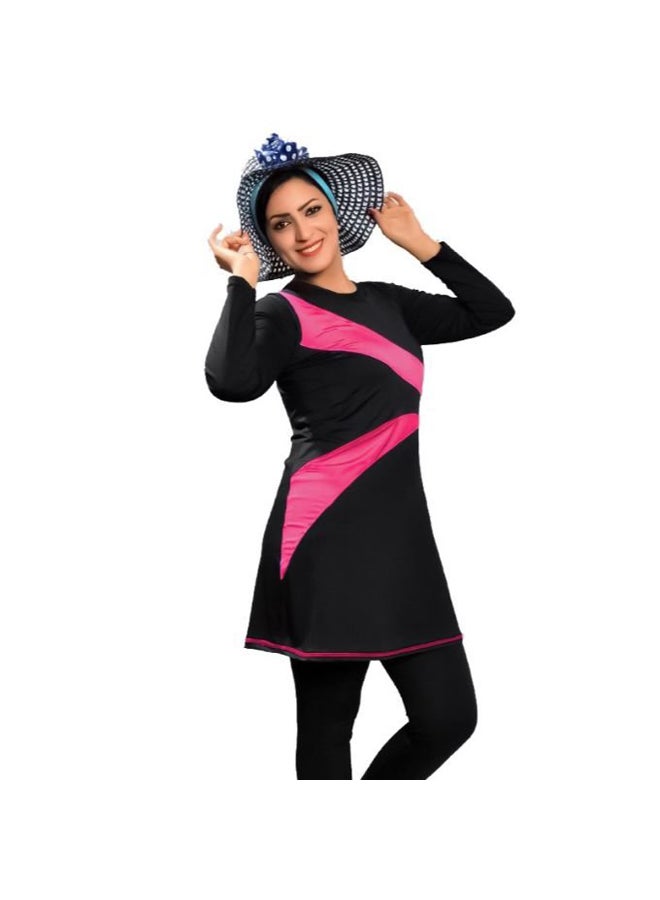 Women's swimsuit, 3 pieces, vest and jumpsuit with sleeves and bonnet