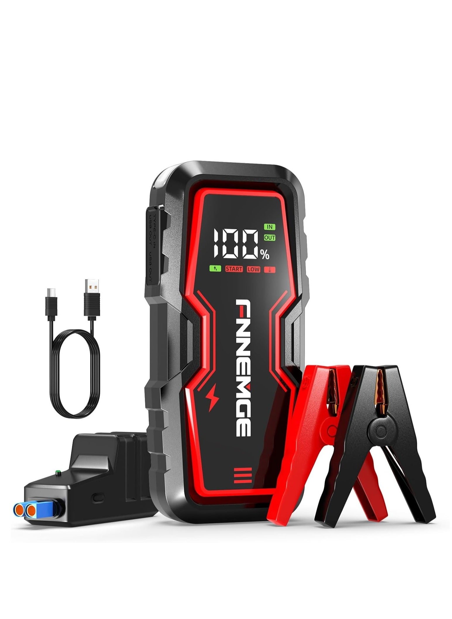 FNNEMGE Car Jump Starter 3000A Peak 12V Jump Starter Battery Pack(Up to 8.0L Gas & 6.5L Diesel) with HD Large Screen, USB Charge Output Port, LED Light 