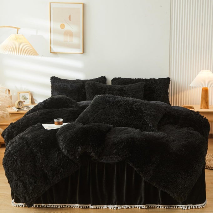 FLUFFY BLACK FAUX FUR COMFORTER COVER SETFUZZY PLUSH BEDDING 3PCS 1 FAUX FUR DUVET COVER 2 FUZZY PILLOWCASES FLUFFY BED SETBLACK QUEEN