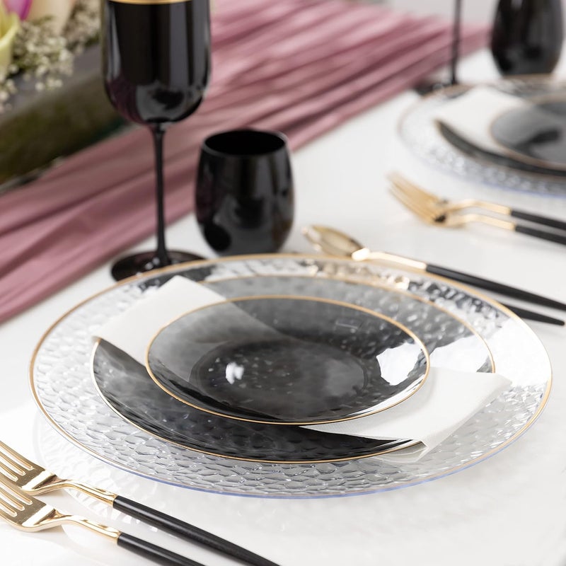 PLASTICPRO 30 Pack Heavyweight Disposable Plastic Plates - Elegant Transparent Black With Gold Rim, 9'' INCH PLATES - Image 5